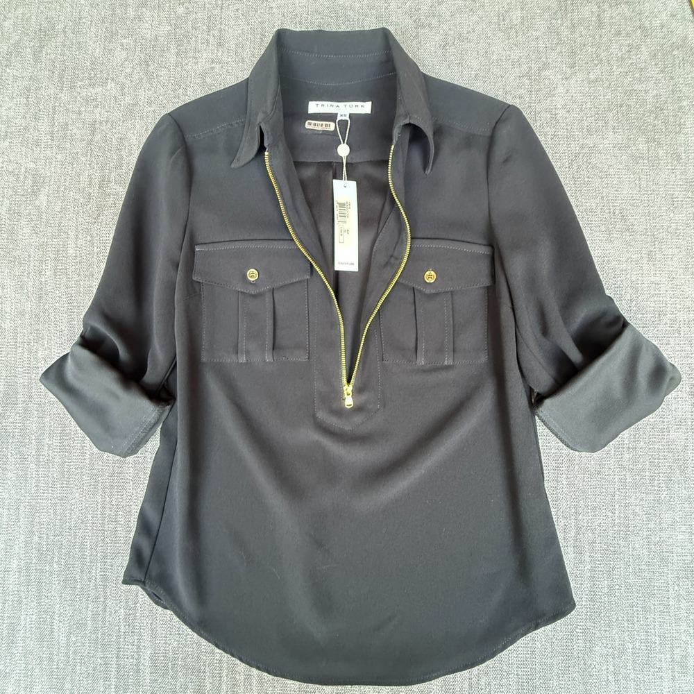 Trina Turk Shirt Top Womens XS Black Roll Tab Sleeve Capsule Wardrobe Half Zip
